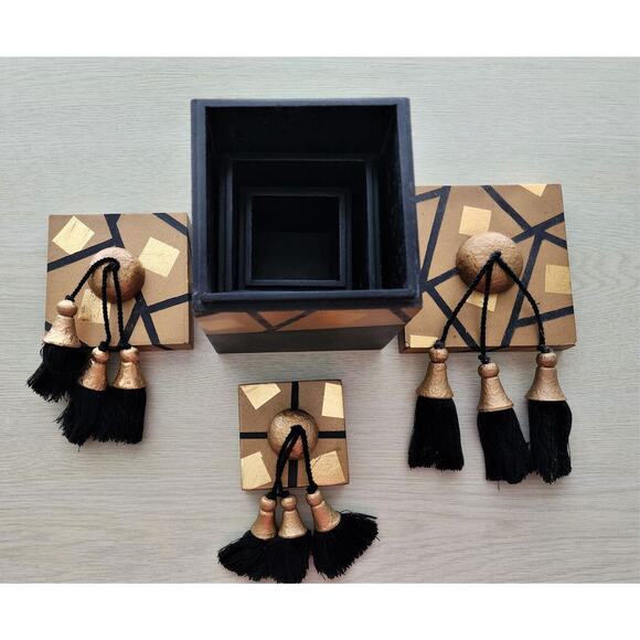 Nesting Boxes-Set of 3-Black & Gold Decoupage-Tassels - Picture 3 of 14